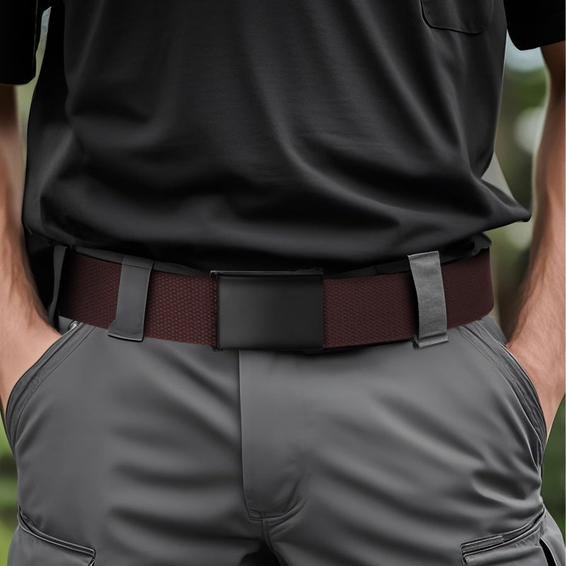 Mile High Life Cut To Fit Canvas Web Belt Size Up to 52" with Flip-Top Solid Black Military Buckle (Brown) - Image 2